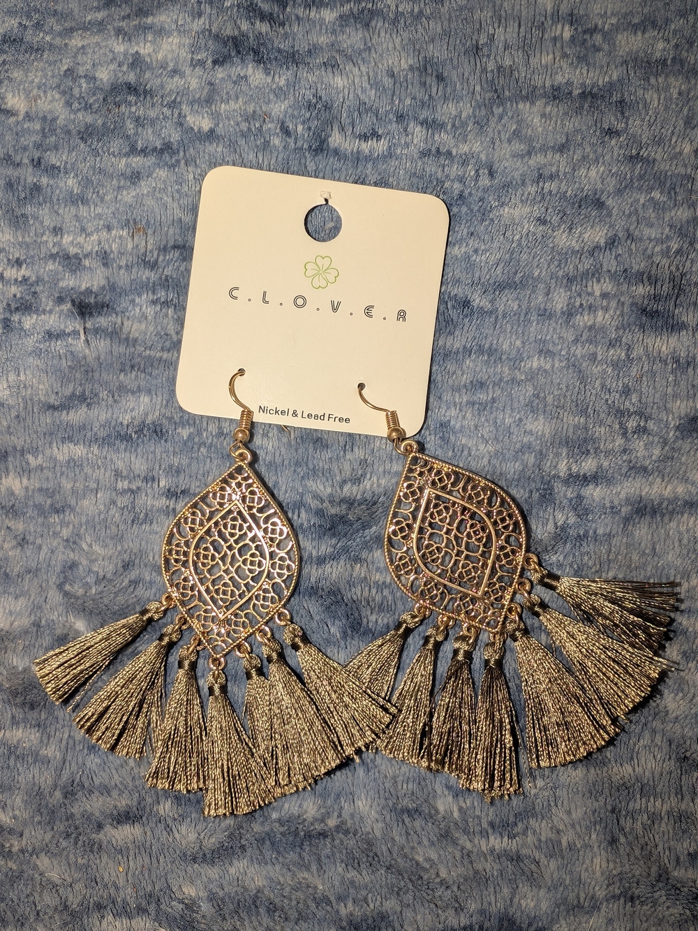 Clover Nickel/Lead Free Metallic Gold Filigree Tassel Earrings